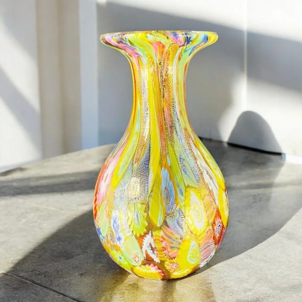 Murano Italian Glass Vase Gold Flecks Aventurine Large Multicolor Millefiori VTG